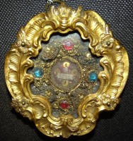 Los 10038 <br>Barock Votivbild in Messingrahmen, mit bunten Glassteinen innen, vergoldeter Blechrahmen ,13x11,5 cm, innen beschriftet "S. Aloiisi"