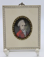 Auktion  / Los 12013 <br>Miniaturmalerei auf Bein, Mozart, signiert, gerahmt, Rahmen beschädigt, RG 10 x 8,5cm.