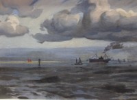 Auktion  / Los 12029 <br>Carl LANGHEIN (1872-1941), Dampfer vor Cuxhaven, Öl/Hartfaser, gerahmt, RG 62 x 82cm.