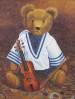 Auktion  / Los 12032 <br>M. ???, Teddybär mit Geige, Öl/Leinwand, gerahmt, RG 61 x 51cm.