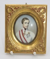 Auktion  / Los 12042 <br>Lupenmalerei, Kaiser Franz Joseph, signiert, gerahmt/Glas, RG 12,5 x 14,5cm.