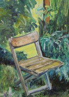 Auktion 500010 / Los  <br>Hohmeier '92, Gartenstuhl, Öl/Leinwand, gerahmt, RG 67,5 x 51,5cm.