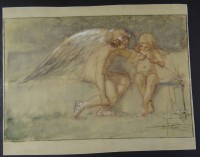 Auktion  / Los 12063 <br>anonym, Kind mit Schutzengel, Aquarell, BG 24x31 cm