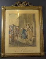 Auktion  / Los 13076 <br>colorierter Stich "Les  Precautions", dat. 1777, alt gerahmt (beschädigt) hinter Glas, RG ca. 41x31 cm