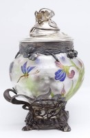 Los 3075 <br>Jugendstil Bowle-Gefäß, WMF, bemaltes Glas und Metall versilbert, H. 38 cm, Kelle fehlt, mit Altersspuren