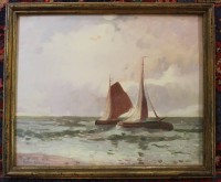 Auktion  / Los 12067 <br>Georg HARMS-RÜSTRINGEN (1890-1955), Plattboote an Küste, Aquarell, ger./Glas, RG 35 x 42,5cm.