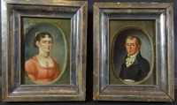 Los 12070 <br>Paar Biedermeier-Miniatur-Portraits um 1830, Öl/Holz, gerahmt, RG 12,5x10 cm, verso beschriftet mit Namen etc.