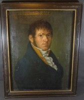 Auktion  / Los 12071 <br>Reinhard Sebastian ZIMMERMANN (1815-1893) Portrait des Kaufmannes Christian Merkle-Schiegg, langer Riss im Gesicht, verso beschriftet, Öl/Leinen, gerahmt, RG 56x45 cm
