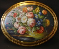 ovales Blumenstilleben auf gewölbter Holzplatte, 40x50 80cm