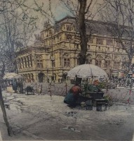 Los 13000 <br>Robert KASIMIR (1914-2002) "Strassenansicht, wohl Wien?" Farbradierung, 1954,  signiert, ger/Glas, RG 68x60 cm