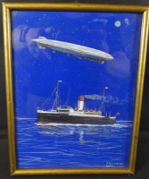 R. Rumann "Kombischiff Antonio Delfino" Reederei Hamburg-Süd unter Zeppelin, Aquarell, ger/Glas, RG 23x18 cm