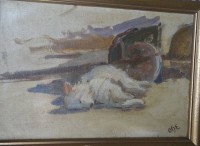 OHE-Otto Heinrich ENGEL (1866-1949), Ölskizze, schlafender Hund, verso mit Widmung des Künstlers 1945, gerahmt, 20x28 cm