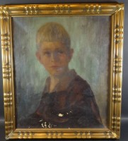 unleserl. sign "Jungenportrait", Öl/Leinen, Farbabplatzer, alt gerahmt, RG 49x44 cm, verso dat. 1947
