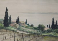 J-Neumann, Blick vom Weinberg, Aquarell, gerahmt/Glas, RG 46,5 x 60cm