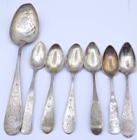 Los 11006 <br>7 alte Silber Löffel, datiert 1816/1832/1845/1896, Alters- und Gebrauchsspuren, L. 13,3-22cm, zus.113g.