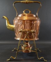 Los 15044 <br>Jugendstil Teekanne auf Stövchen, "Gebr. Bing, Nürnberg", Kupfer-Messing, gut erhalten, H-kpl. 29 cm