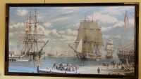Auktion 0<br>grosser Kunstdruck auf Leinen, gut gerahmt, Segelschiffe im Hafen,