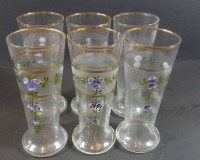 6x Jugendstil-Gläser mit floraler Emaillemalerei, Goldrand tw. leicht berieben, 1x Innenrand mit Chip, H-16 cm