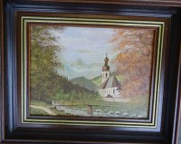 Auktion 369 / Los 4045 <br>P.J.Roy "Kirche in der Ramsau" &Ouml;l/Holz, gerahmt, RG 25x32 cm