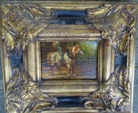 Auktion 344 / Los 4042 <br>anonymer Altmeister "aufgezäumtes Pferd" Öl/Leinen, doubliert, craquelliert, breit gerahmt, ca. 11x16 cm, RG 33x38 cm