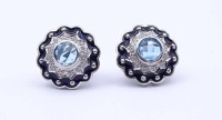 Paar Ohrringe mit Emaille und rund facc. blauen Edelsteinen, zus.11,2g., D.19mm