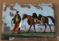 Auktion 338 / Los 4054 <br>Bildnis eines rauchenden Hanse-Husaren um 1840, Glasmalerei auf gebogener Glasplatte, wohl Deckel einer Dose?, tw. abgeblättert am Rand, ca. 5x7 cm