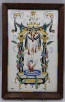 Los 9017 <br>Fliesenbild, Darstellung des Fegefeuers?, unleserl. signiert, wohl 19. Jhd., gerahmt, RG 48,5 x 32cm.