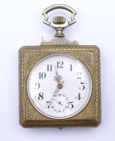 Alte große eckige Taschenuhr mit Emaille Malerei auf Rückendeckel, Sternenbild und Seeansicht, mechanisch, Werk läuft, 64x64mm, Glas D. 49mm