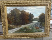Auktion 331 / Los 4021 <br>Großes Gemälde ebenfalls K? Wenkel ? unsigniert, um 1850, Hirsch am Fluss, alt gerahmt, RG 90 x 113cm, Öl/Leinen,Rahmen mehrfach beschädigt