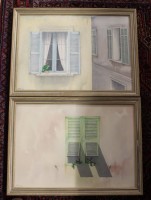 AMOY 1987, 2x Fensteransichten, Mischtechnik, je gerahmt/Glas, RG 39 x 54cm.