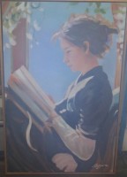 unleserl. signiertes gr. Gemälde "Lesende junge Frau" Öl/Leinen, gerahmt, RG 125x83 cm