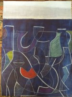 unleserl. signiertes modernes Gemälde auf Papier, Mischtechnik, BG 81x61