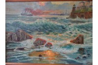 Monogramm G.V (?-leider unter Rahmen) "Leuchtturm an Schweizer See?", Öl/Platte, gerahmt, RG 59x82 cm