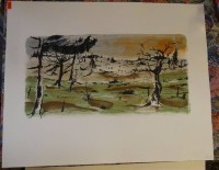 unleserl. signierte Farblithografie, Landschaft, BG 45x56 cm