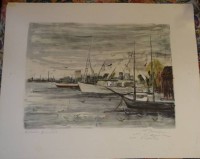 unleserl. sign. Farblithografie "Boote im Hafen" frz. betitelt und "für den Künstler", BG 45x56 cm