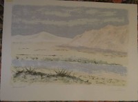 unleserl. signierte Farblithografie, Landschaft, BG 33x45 cm