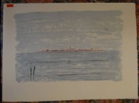 unleserl. signierte Farblithografie, Inselansicht, BG 32x44 cm