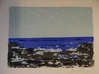 unleserl. signierte kl. Farblithografie,Küstenszene,  25x28 cm