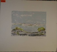 unleserl. signierte kl. Farblithografie,Küstenszene,  25x28 cm