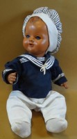 Auktion 500016 / Los  <br>Celluloid Babypuppe im Matrosenanzug, Schlafaugen, Mamastimme defekt, H-38 cm