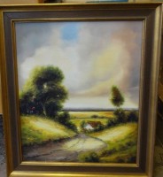 Auktion 332 / Los 4000 <br>unleserl. unter Rahmen signiert "Landschaft mit Holzsammlerin", Öl/Leinen, gerahmt, RG 72x61 cm