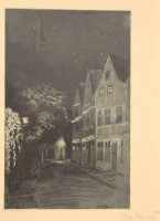 Auktion 332 / Los 5005 <br>Käte Franck, Straßenansicht bei Nacht, l.u. undeutl betitelt, Radierung, ger./Glas, RG 36,5 x 26,5cm.