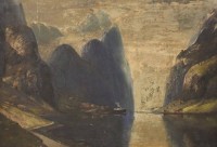 Auktion 332 / Los 4020 <br>H.Wenzel, Fjordlandschaft, wohl 20/30er Jahre, Öl/Leinwand, stark reinigungsbedürftig, gerahmt, RG 76,5 x 105,5cm.