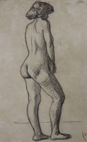 Auktion 332 / Los 5014 <br>monogrammierter weibl. Rückenakt, wohl um 1900, Zeichnung, ger./Glas, RG 57,5 x 45,5cm.