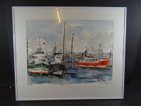 Auktion 332 / Los 4037 <br>unleserl. signiert  1995, "Finkenwerder Hafen", ger/Glas, Aquarell, RG 46x55 cm