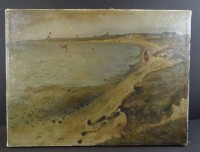 Auktion 332 / Los 4039 <br>unleserl in rot signiert "Reiter am Strand", Öl/Leinen, Farbabplatzer, ca. 30x40 cm