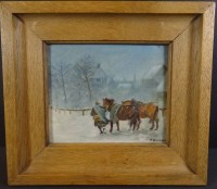 Auktion 332 / Los 4042 <br>Harry ERDMANN (1912-1943) "Fuhrmann mit Pferden im Winter", Öl/Leinen, gerahmt, RG 27x30 cm