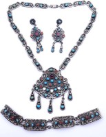 Auktion 333 / Los 1004 <br>Prachtvolles Schmuckset, Mexico, Sterling Silber 0.925, Ohrstecker, Armband und Halskette,besetzt mit türkisfarbene,rote und violetten Steinen, zus. 157g. Kette L. 54cm, Armband L. 18cm, Ohrstecker L. 7,5cm