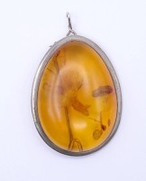 Auktion 333 / Los 1034 <br>Großer Bernstein Anhänger / Brosche, Silberfassung 0.925, L. 6,0cm, 17,4g.