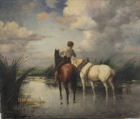 Auktion 339 / Los 4008 <br>anonym, Junge mit 2 Pferden , Öl/Leinwand, ungerahmt, 60 x 70cm.